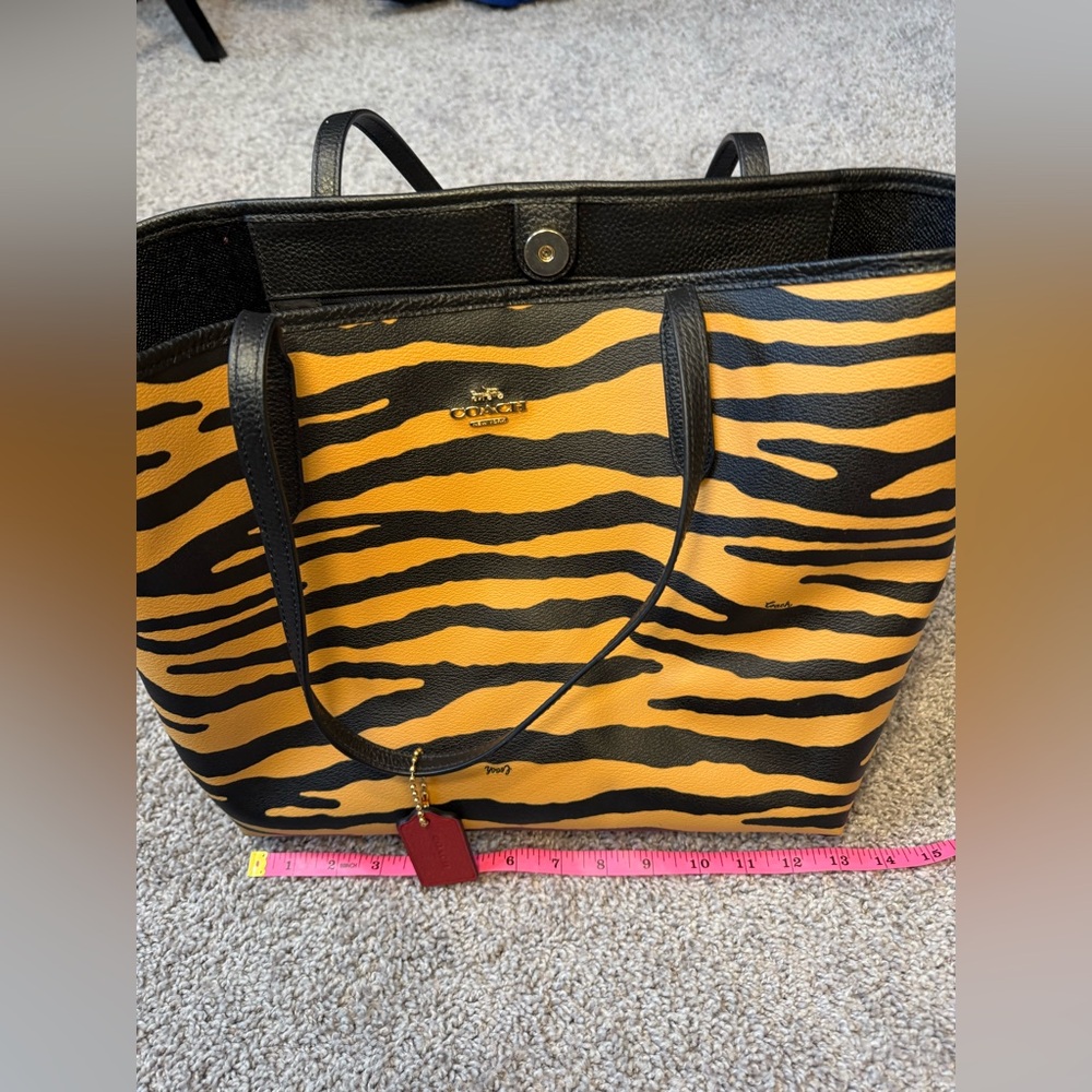 COACH Tiger Print Leather Tote Bag in Yellow and Black - Picture 9 of 12